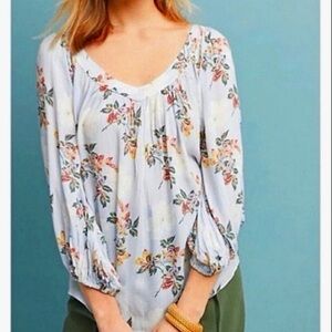 Maeve Anthropologie Blue Floral Peasant Blouse Size 2 Boho Cottagecore Top